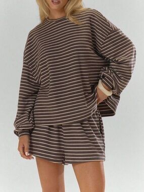 Casual Striped Long-Sleeve Top and Shorts Set